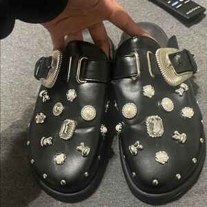 Black Studded Buckle Clogs